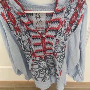 Johhny Was Oversized Top with hood - Baby Blue with red/ Navy accents Size Small